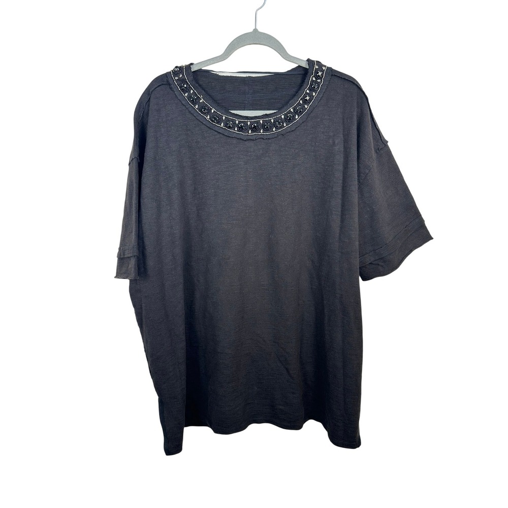 We The Free Embellished Tee Womens Medium Black NEW Oversized Boho Beaded Top